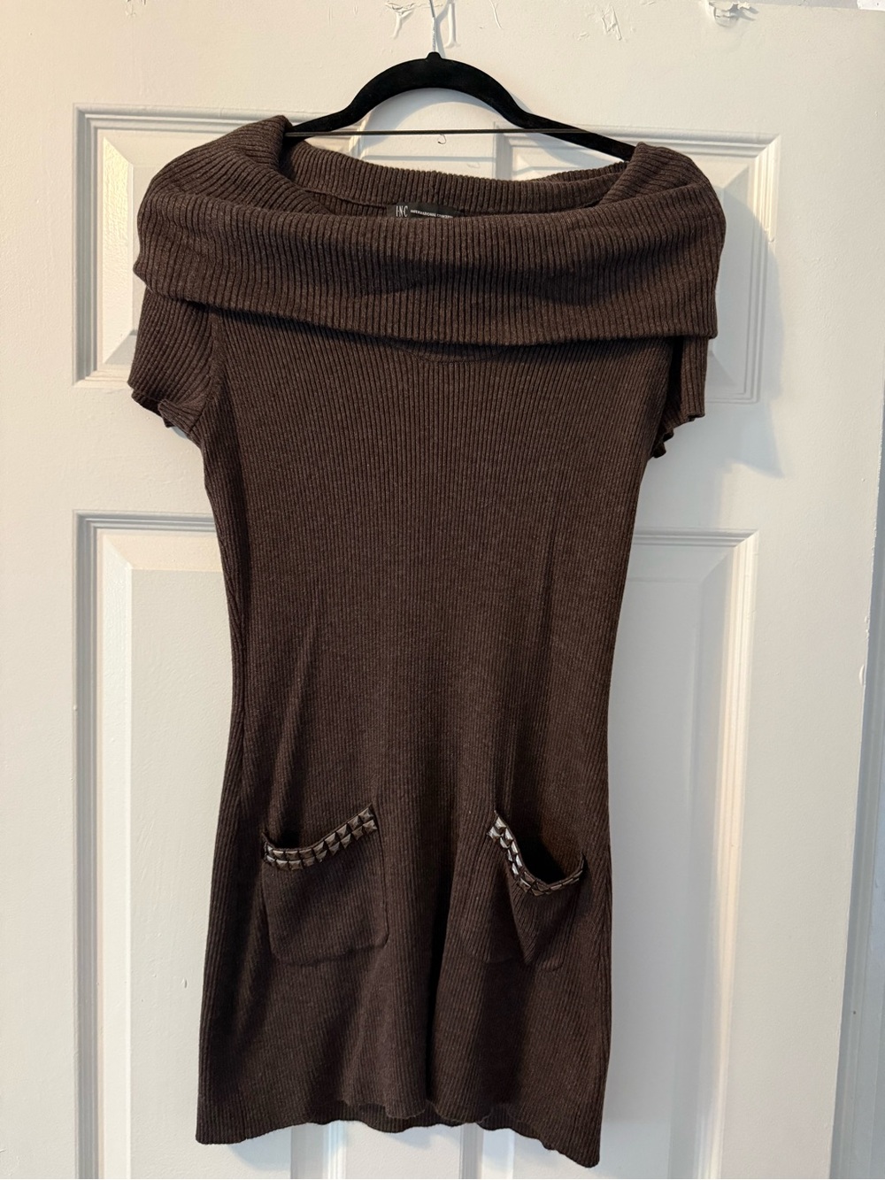 INC International Concepts Brown Off-the-Shoulder Ribbed Sweater Dress